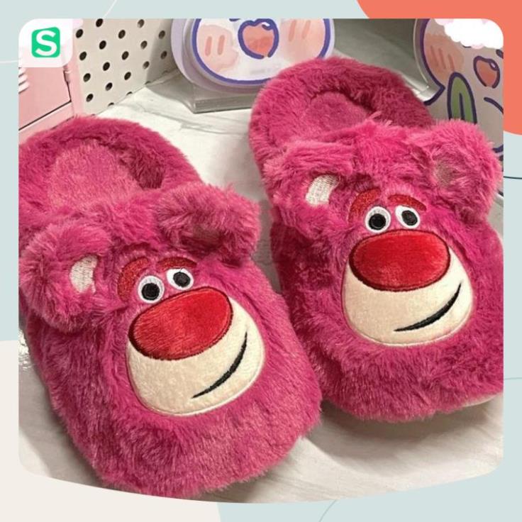 Dép bông đi trong nhà hình gấu dâu Lotso bản màu hồng dễ thương mùa đông năm 2023 size 36-41