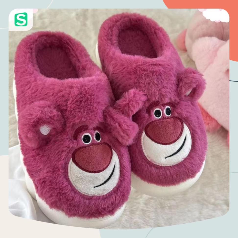 Dép bông đi trong nhà hình gấu dâu Lotso bản màu hồng dễ thương mùa đông năm 2023 size 36-41
