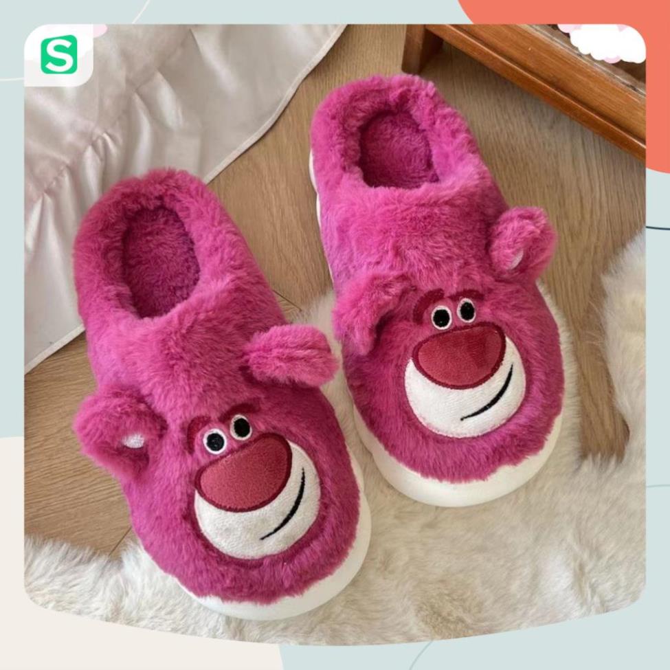 Dép bông đi trong nhà hình gấu dâu Lotso bản màu hồng dễ thương mùa đông năm 2023 size 36-41