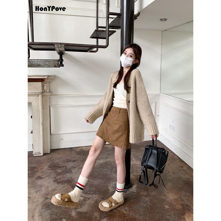 Honypove Chân Váy Kaki Chữ a Dáng Ngắn Dễ Phối Đồ Thời Trang Thu Đông Cho Nữ