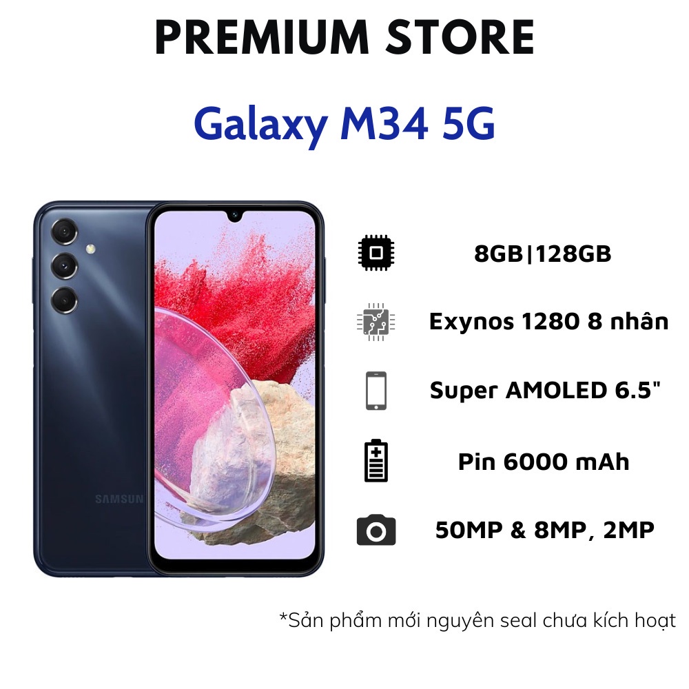 Điện Thoại Samsung Galaxy M34 5G 8GB/128GB - Máy Mới - Không Đồng Kiểm - BH 12 Tháng - 1 Đổi 1 Trong Vòng 7 Ngày