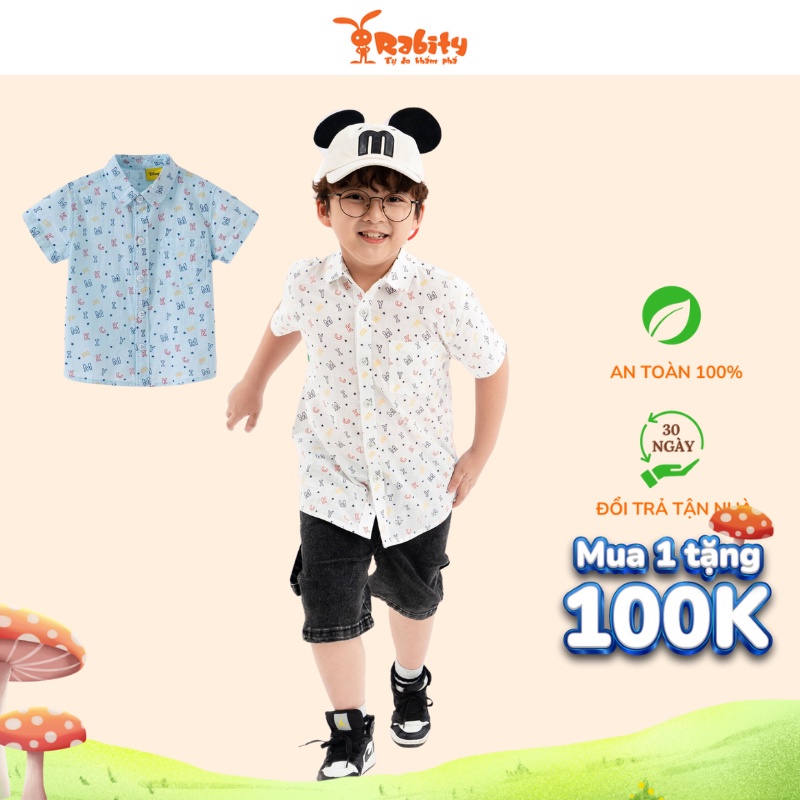 Áo sơ mi ngắn tay cho bé đi học hình Mickey Rabity chất liệu 100% cotton thấm hút mồ hôi, có túi phía trước 5723