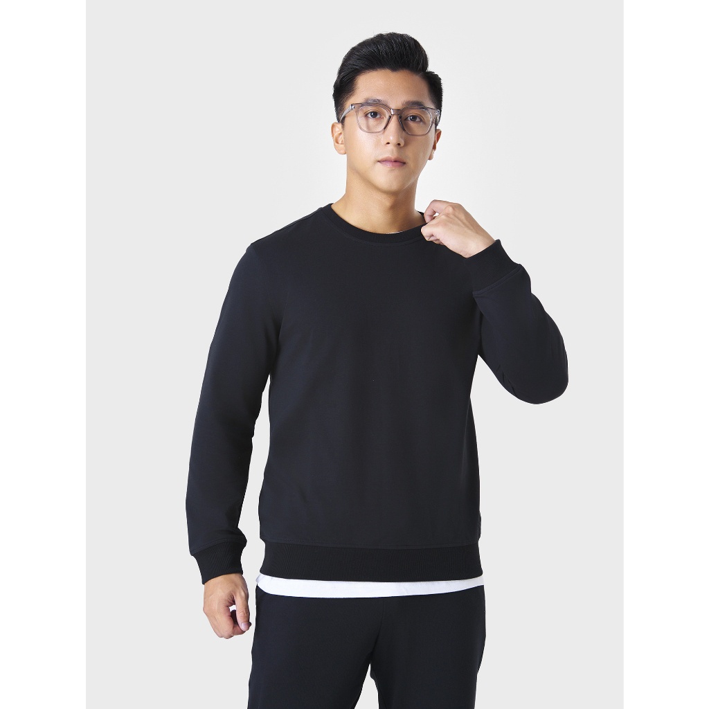 Áo nỉ nam CANIFA dài tay cổ tròn dáng basic bo gấu màu đen trắng xanh ML23 8TW22W005