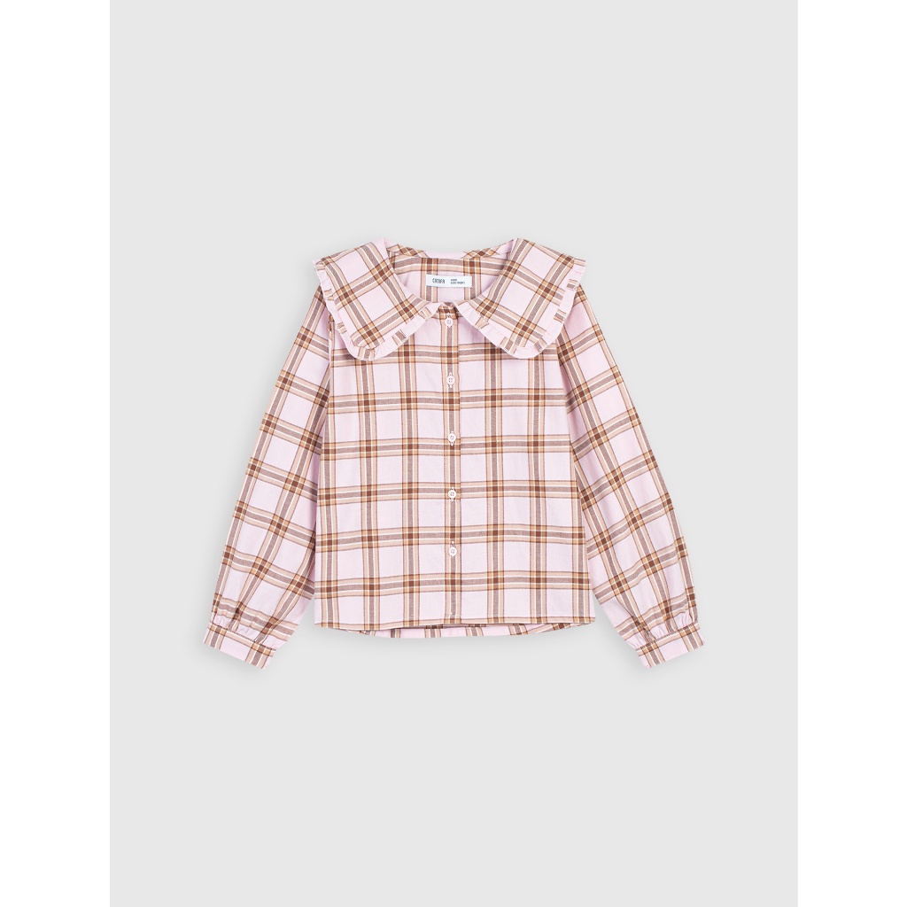 Áo sơ mi bé gái CANIFA hoạ tiết kẻ chất liệu 100% cottn, cổ lá to, tay dài 1TH22W002