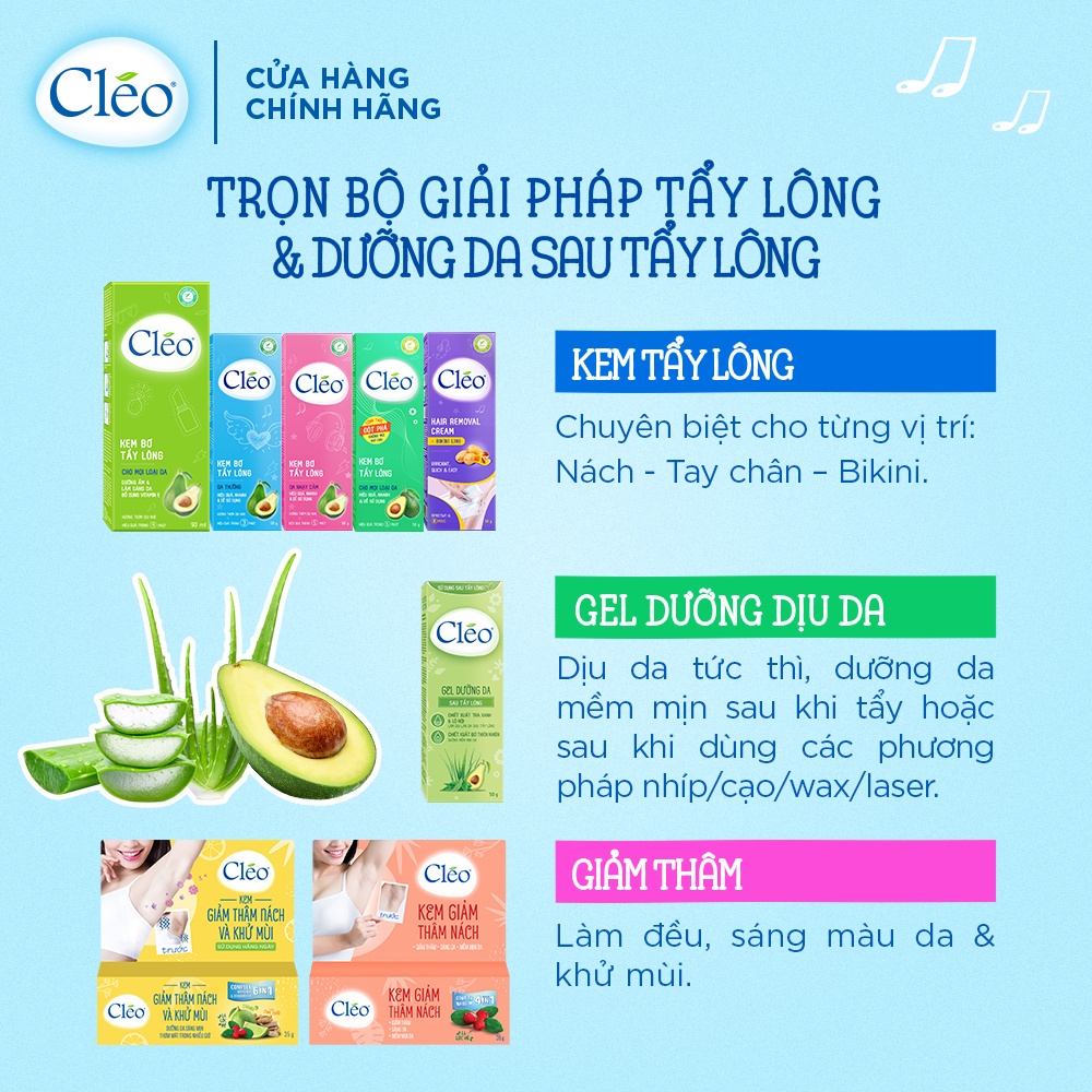 Kem Bơ Tẩy Lông Cléo 50g Hương Thơm Dễ Chịu cho Mọi Loại Da kể cả Da Nhạy Cảm và Gel Dưỡng Da Sau Tẩy Lông Cleo 50g