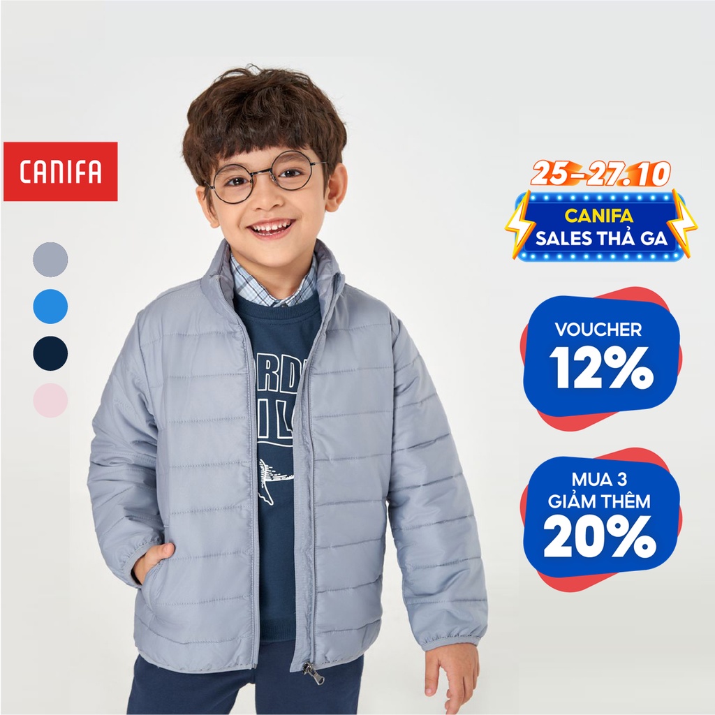 Áo khoác chần bông unisex trẻ em CANIFA 100% polyester, cổ cao kéo khoá 3OT22W002