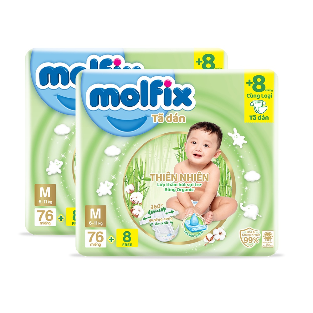 Combo 02 Tã/bỉm dán Moflix Thiên nhiên Super Jumbo M (6kg - 11kg) - 2 Gói- 168 miếng