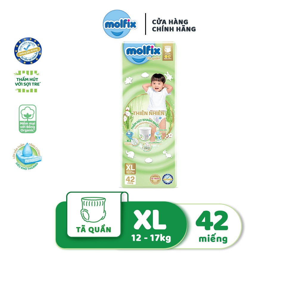 [VC 50K - MOLFVC50K] Tã/bỉm quần Molfix Thiên nhiên Super Jumbo XL (12kg - 17kg) - Gói 42 miếng