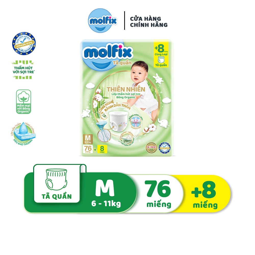 Tã/bỉm quần Molfix Thiên nhiên Ultra M (6kg 11kg) Gói 76+8 miếng