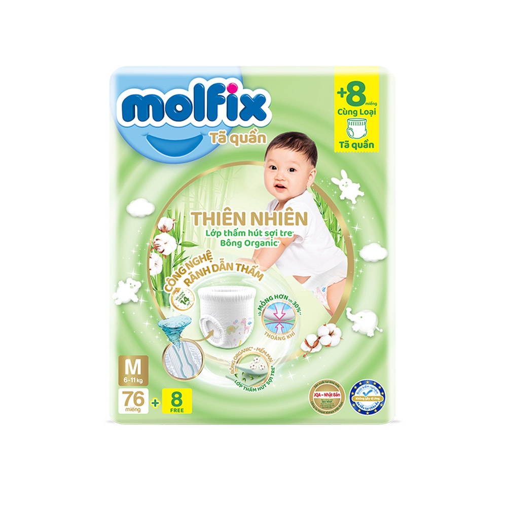 Tã/bỉm quần Molfix Thiên nhiên Ultra M (6kg 11kg) Gói 76+8 miếng