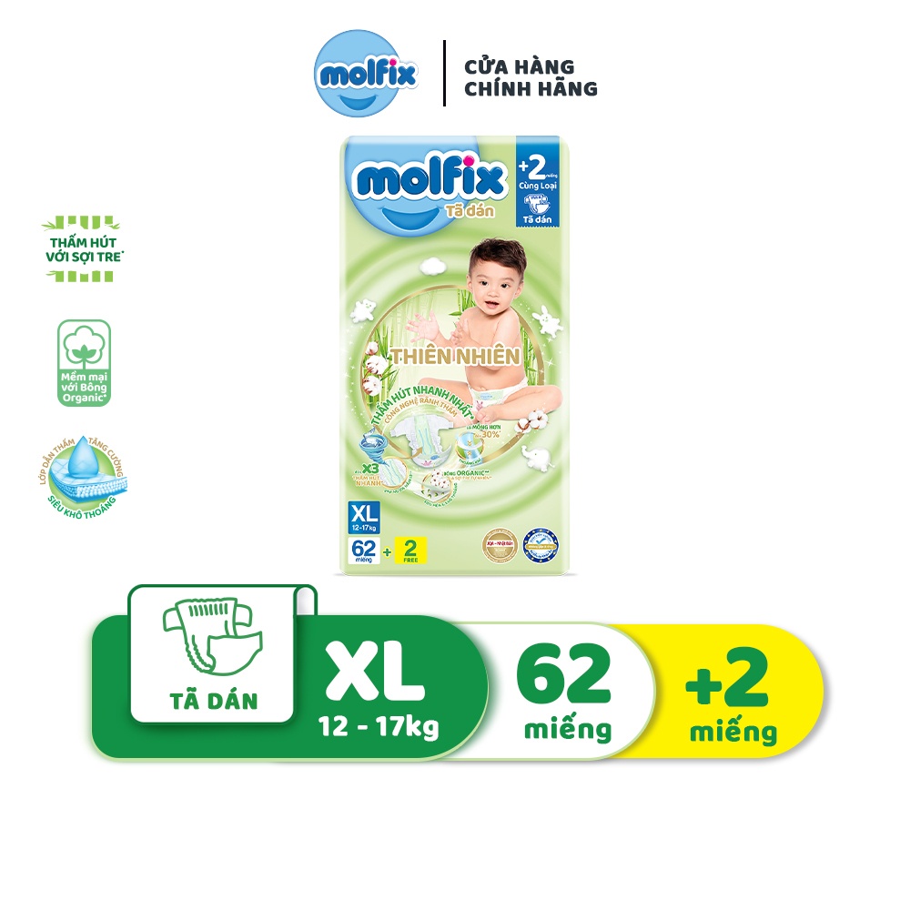 Tã/bỉm dán Molfix Thiên nhiên Super Jumbo XL (12kg 17kg) Gói 62+2 miếng