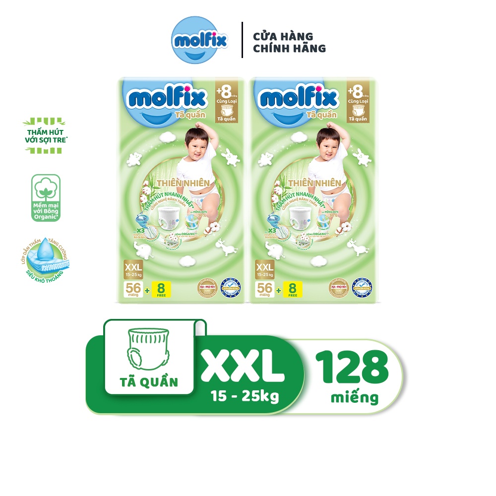 Combo 2 Tã/bỉm quần MOLFIX Thiên nhiên Ultra XXL (15kg - 25kg) - 2 Gói- 128 miếng