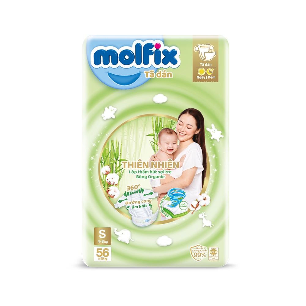 Tã/bỉm dán Molfix Thiên nhiên Jumbo S (4kg - 8kg) - Gói 56 miếng