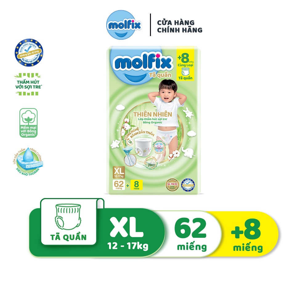 Tã quần thiên nhiên Molfix Ultra XL (12kg - 17kg) Gói 62+8 miếng