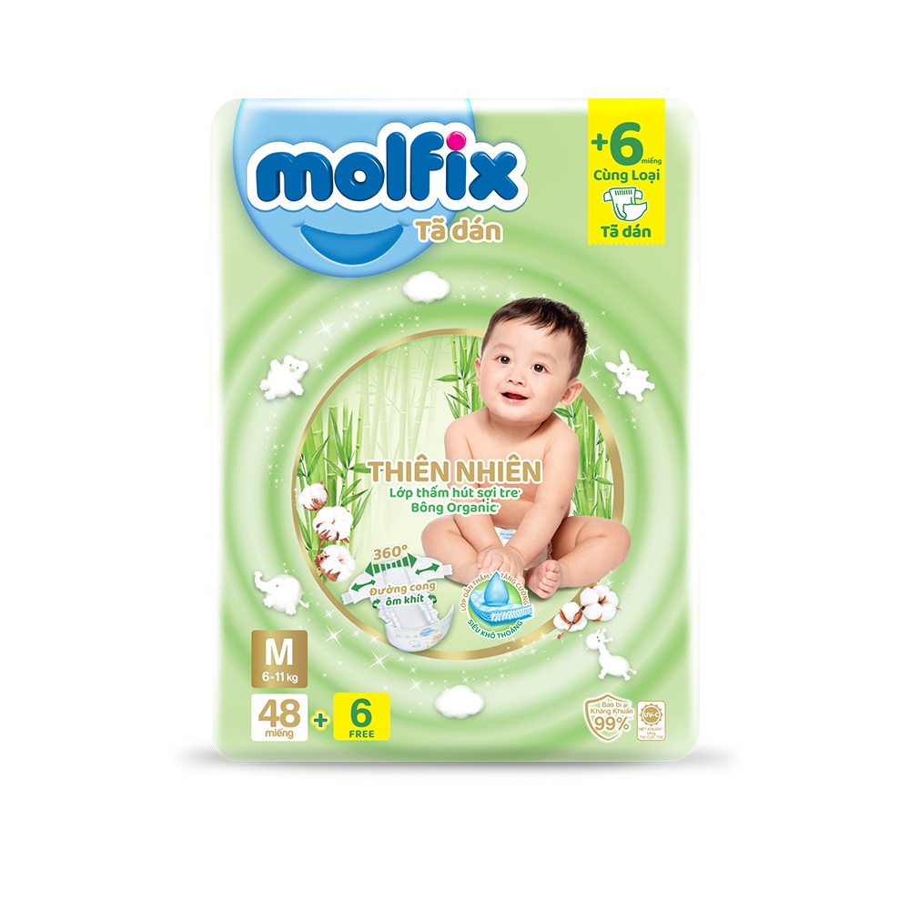 Tã/bỉm dán Molfix Thiên nhiên Jumbo M (6kg 11kg) Gói 48+6 miếng