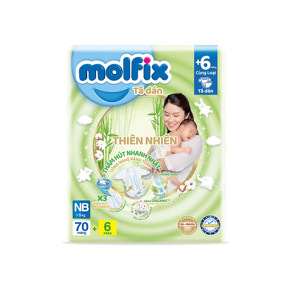 Tã/bỉm dán sơ sinh Molfix Thiên nhiên Jumbo Newborn (dưới 5kg) - Gói 70+6 miếng