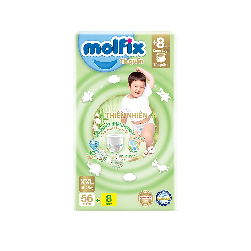 Tã/bỉm quần Molfix Thiên nhiên Ultra XXL (15kg 25kg) Gói 56+8 miếng