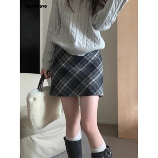 Honypove Chân Váy Len Ngắn Lưng Cao Họa Tiết Kẻ Sọc Thời Trang Thu Đông Mới 2023