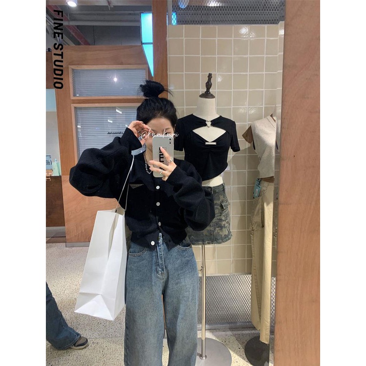 Fine studio Áo Khoác cardigan Dệt Kim Tay Dài Dáng Ngắn Màu Đen Thời Trang Mùa Thu Cho Nữ