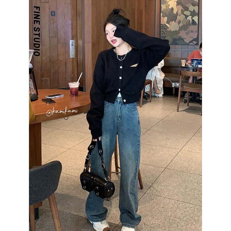 Fine studio Áo Khoác cardigan Dệt Kim Tay Dài Dáng Ngắn Màu Đen Thời Trang Mùa Thu Cho Nữ