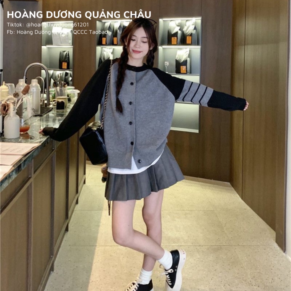 Áo Khoác Cardigan Len Dáng Rộng Tay Phối Sọc Kẻ, Áo Khoác Len Nữ Thời Trang Thu Đông Nữ