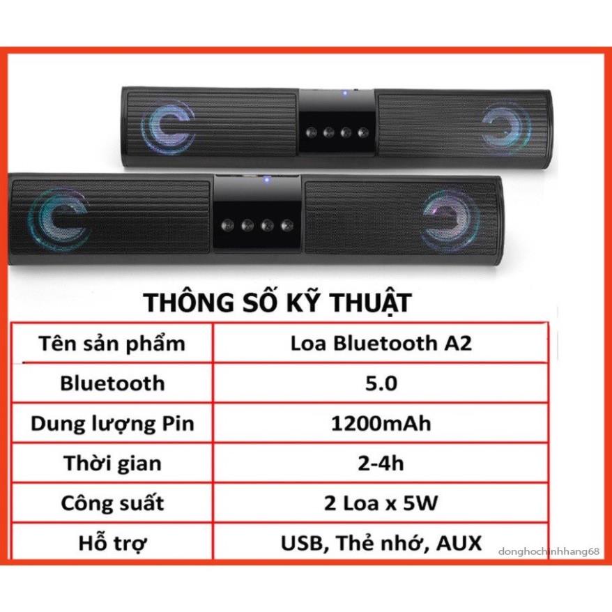 Loa Bluetooth Wireless Speaker A2 Dáng Dài, Loa Không Dây Có Đèn Led Âm Thanh Hay Bass Khỏe Có Đài FM, Bảo Hành 12 Tháng
