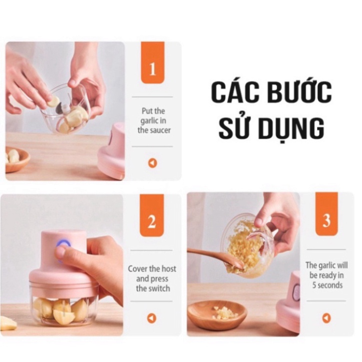 Máy xay tỏi ớt mini cầm tay thể tích 250ml - Máy xay đa năng pin trâu lưỡi thép 3 cánh quay nhanh không gỉ, dễ sử d