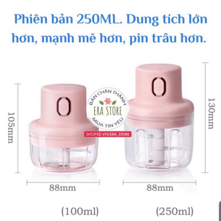 Máy xay tỏi ớt mini cầm tay thể tích 250ml - Máy xay đa năng pin trâu lưỡi thép 3 cánh quay nhanh không gỉ, dễ sử d