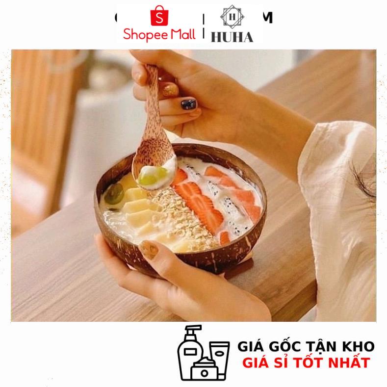 Combo Bát Gáo Dừa Cỡ 13-15cm + Muỗng Gỗ Dừa Siêu Rẻ Đẹp Dùng Đựng Bột Thiên Nhiên, Ngũ Cốc HUHA Tận Gốc Vỏ