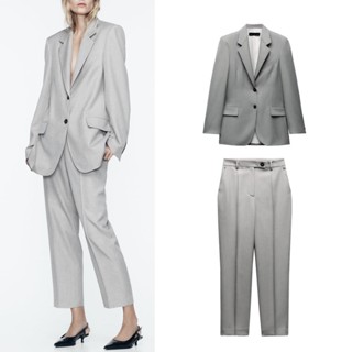 Morocco Zara Áo Khoác blazer + Quần Dài Lưng Cao Phong Cách