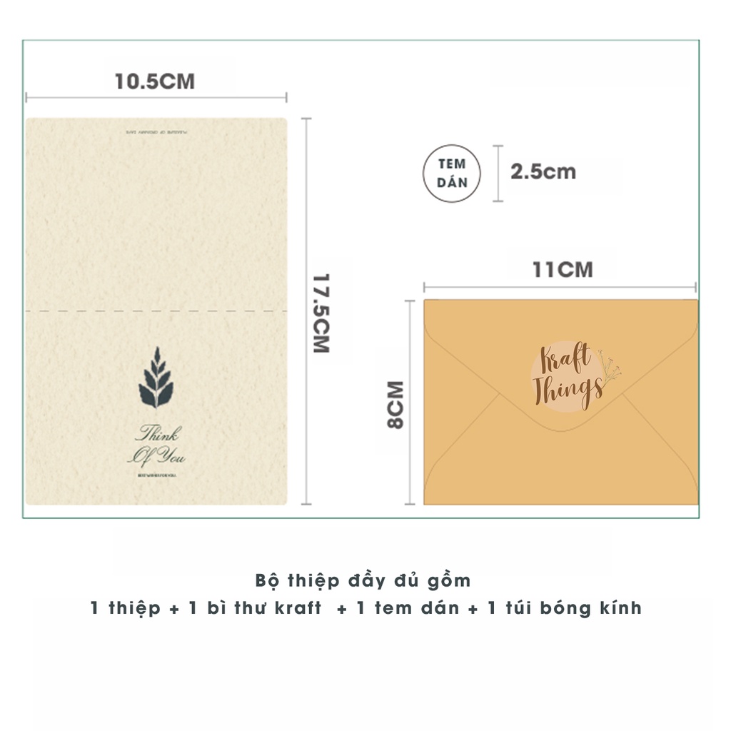 Thiệp chúc mừng hoạ tiết lá kèm phong bì kraft, tem dán vintage Kraft Things