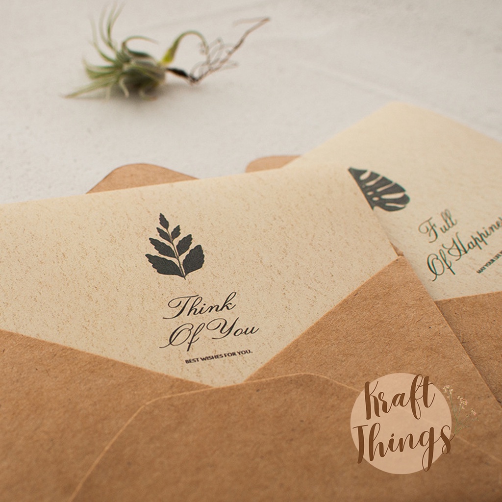 Thiệp chúc mừng hoạ tiết lá kèm phong bì kraft, tem dán vintage Kraft Things
