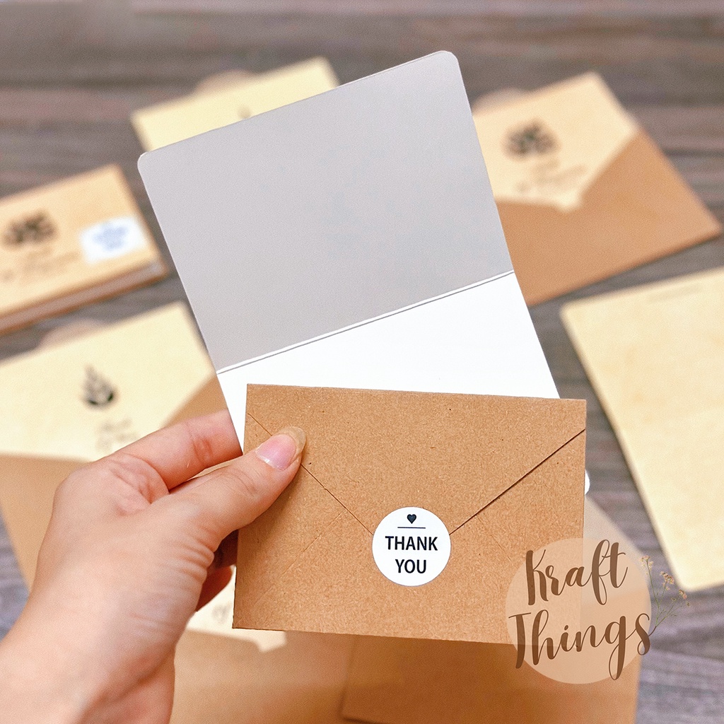 Thiệp chúc mừng hoạ tiết lá kèm phong bì kraft, tem dán vintage Kraft Things