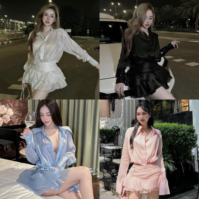 Set áo sơ mi tay loe kèm chân váy ngắn loe tầng