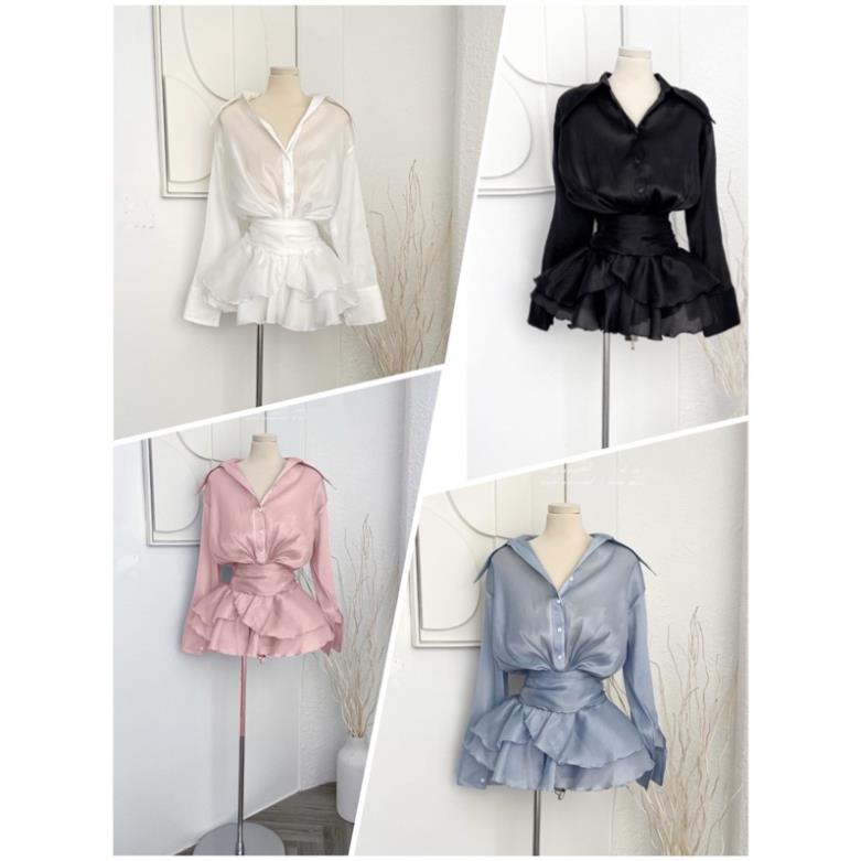 Set áo sơ mi tay loe kèm chân váy ngắn loe tầng