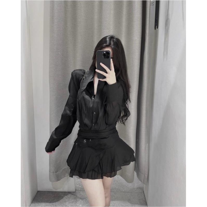 Set áo sơ mi tay loe kèm chân váy ngắn loe tầng