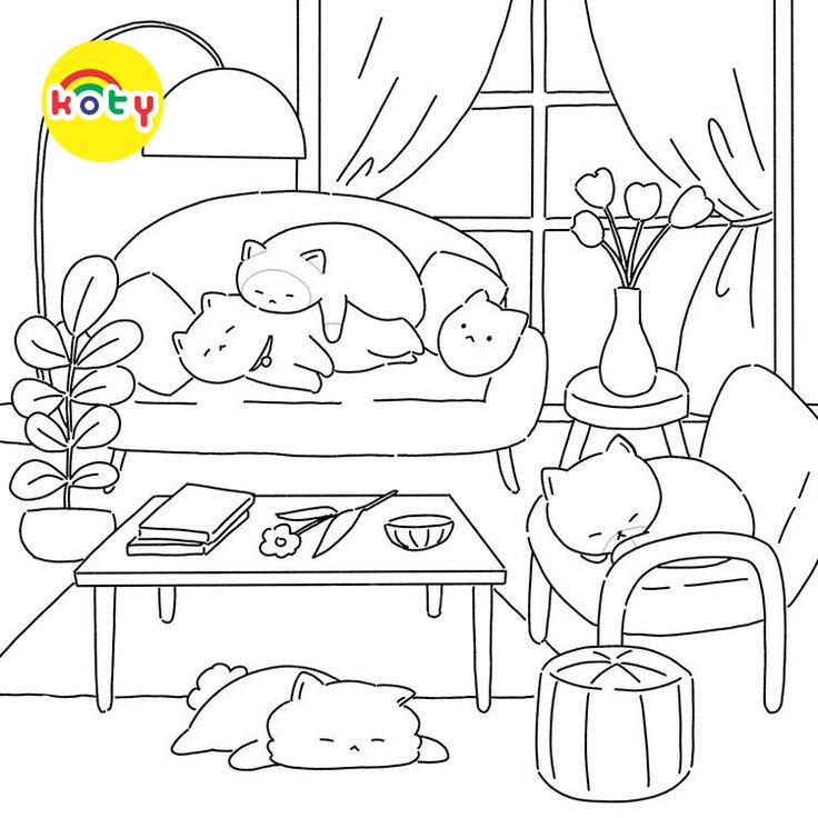 Bộ 50 Tờ Tranh Tô Màu Gia Đình Mèo Cute - Đồ chơi giấy KOTY