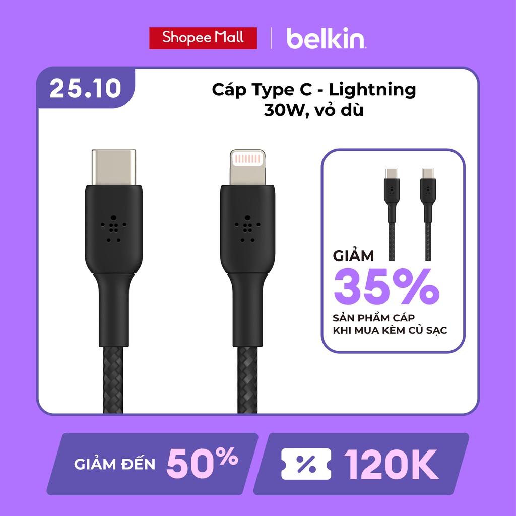 [NHẬP ELMG70K giảm tối đa 70K] Cáp USB-C to Lightning BOOST CHARGE Belkin vỏ dù, chứng chỉ MFi, sạc nhanh 30W CAA004