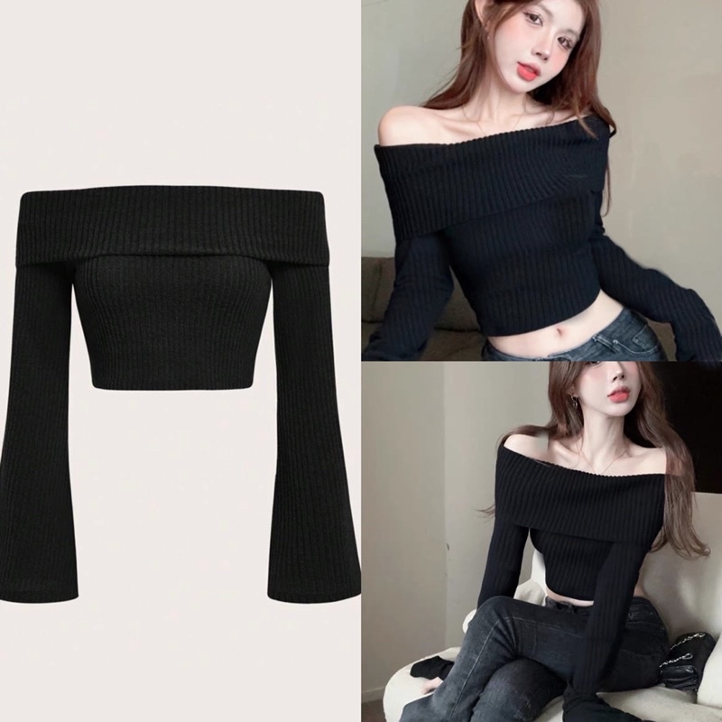 Áo Len Croptop Trễ Vai Dài Tay