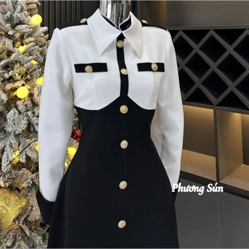 Váy đen trắng khuy đồng 💯HÀNG THIẾT KẾ TẾT 2024 💖