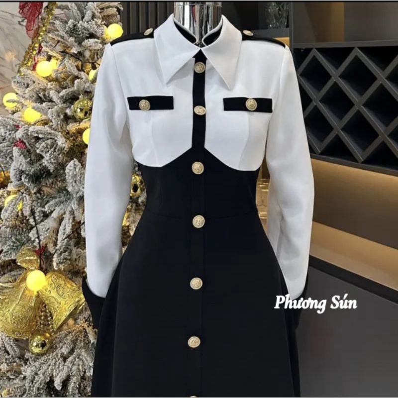 Váy đen trắng khuy đồng 💯HÀNG THIẾT KẾ TẾT 2024 💖