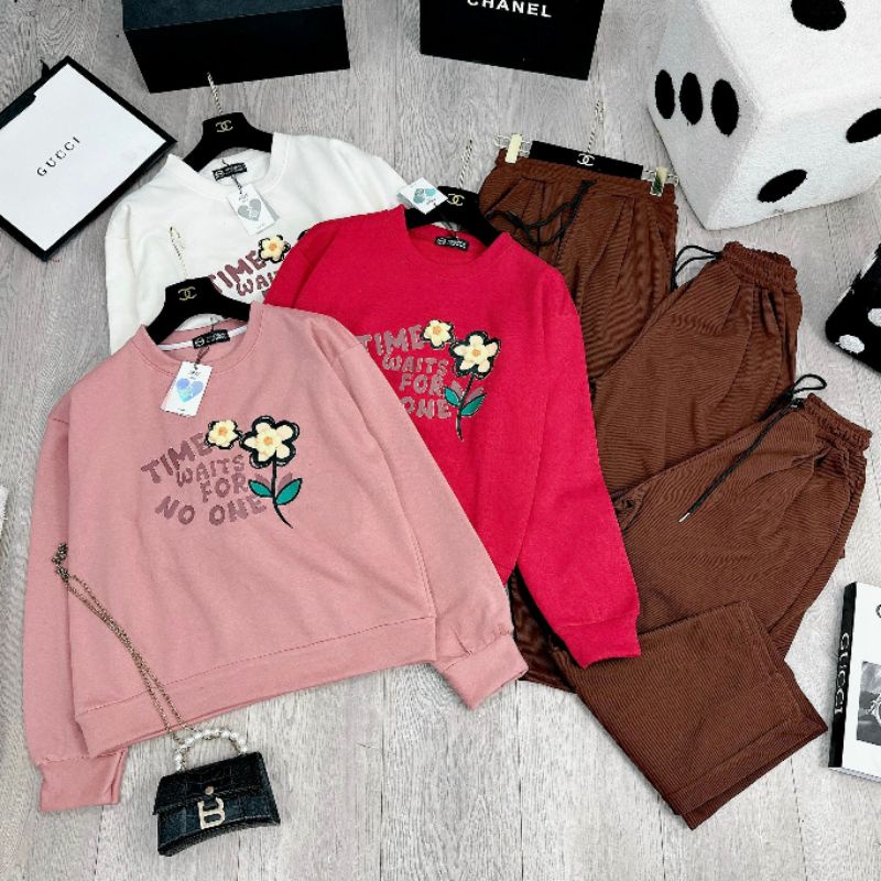 SET ÁO NỈ HOA MIX QUẦN BAGY NHUNG TĂM 3 MÀU