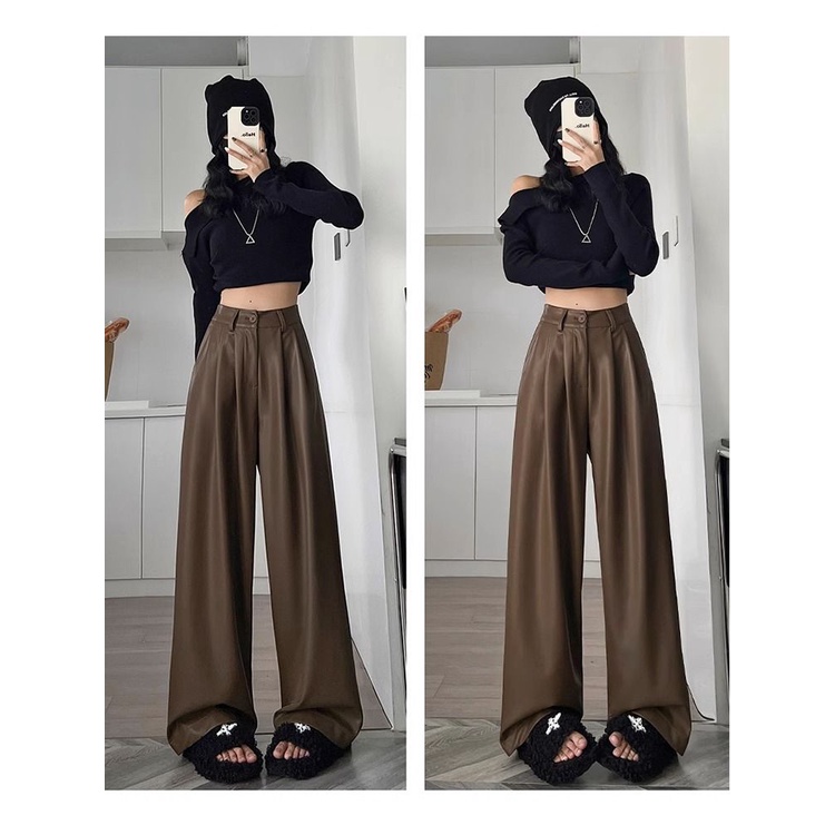 Thời Trang Quần Dài Da pu Lưng Cao Ống Rộng Màu Nâu Phong Cách Cá Tính Cho Nữ