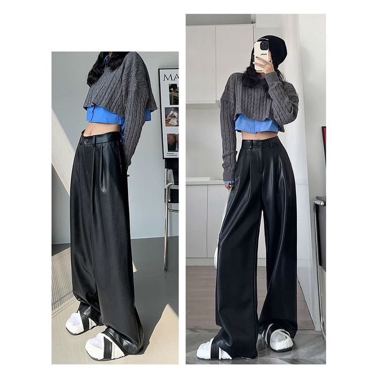 Thời Trang Quần Dài Da pu Lưng Cao Ống Rộng Màu Nâu Phong Cách Cá Tính Cho Nữ