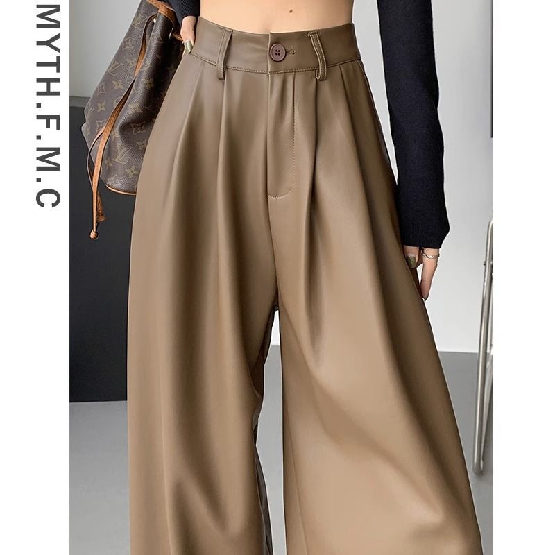 Thời Trang Quần Dài Da pu Lưng Cao Ống Rộng Màu Nâu Phong Cách Cá Tính Cho Nữ