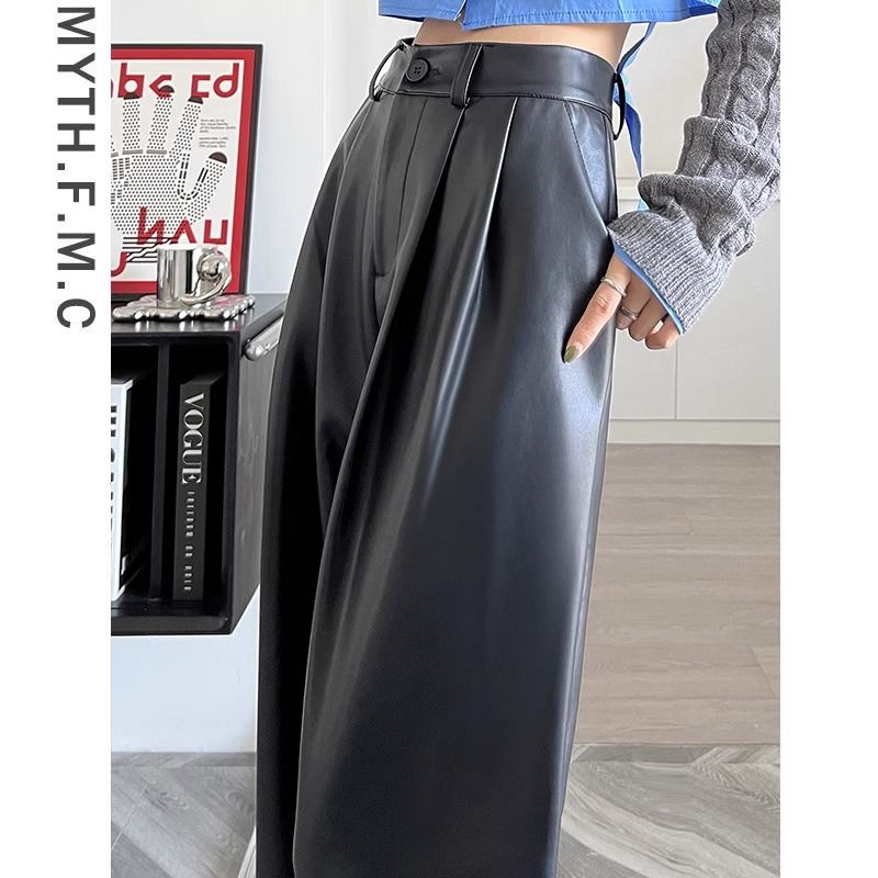 Thời Trang Quần Dài Da pu Lưng Cao Ống Rộng Màu Nâu Phong Cách Cá Tính Cho Nữ