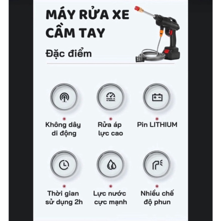 Máy rửa xe cầm tay cao áp chạy bằng pin sạc, súng rửa xe dùng cho gia đình có chế độ phun xương tạo bọt cao cấp
