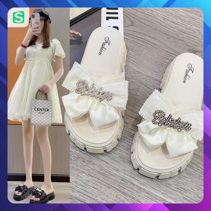 Dép Nữ Quai Ngang Đính Nơ Chữ Độn Đế Răng Cưa Siêu Đẹp