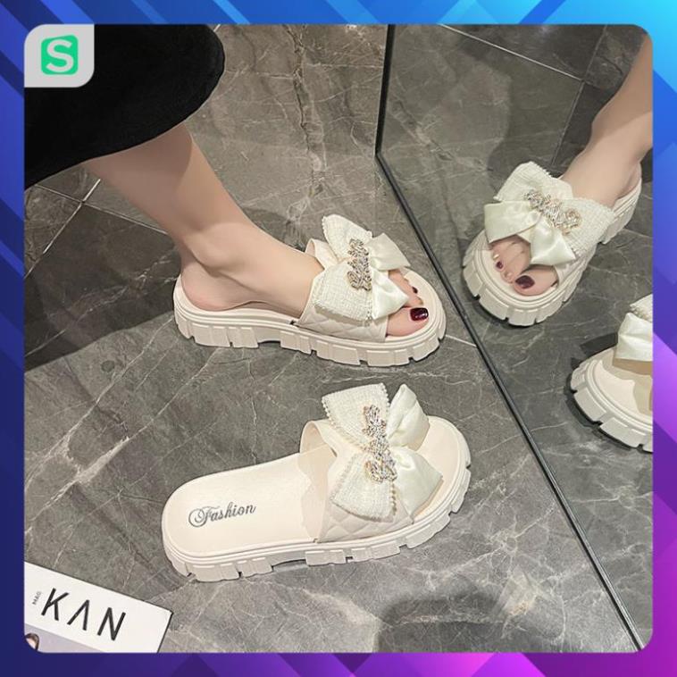 Dép Nữ Quai Ngang Đính Nơ Chữ Độn Đế Răng Cưa Siêu Đẹp