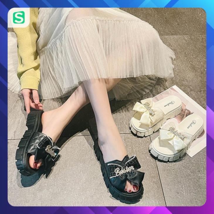 Dép Nữ Quai Ngang Đính Nơ Chữ Độn Đế Răng Cưa Siêu Đẹp
